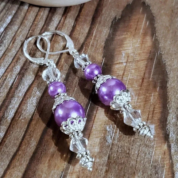 Art Nouveau Purple Glass Pearl Silver Plated Handcrafted Dangle Earrings - Picture 5 of 11